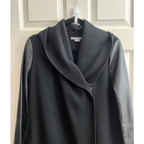 VINCE Black Wool Leather Zip Front Shawl Collar Jacket Coat - Picture 5 of 16